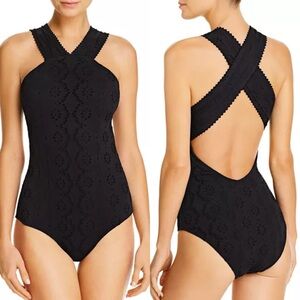 Shoshanna Black Embossed Stretch Eyelet High‎ Neck One Piece Swimsuit Zero 0 XS